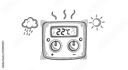 Hand-drawn thermostat displaying 22 degrees Celsius with weather icons.