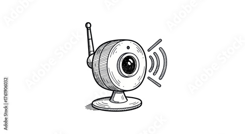Hand-drawn sketch illustration of a wireless baby monitor or webcam with an antenna and signal waves.