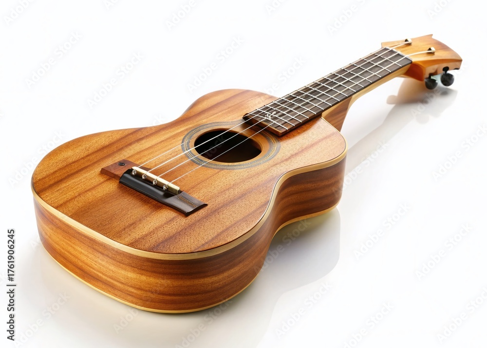 Fototapeta premium Light Wooden Ukulele on White Background - Musical Instrument Stock Photo