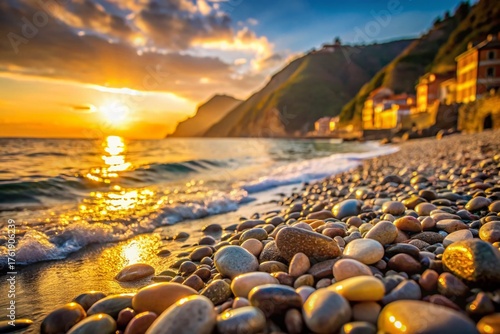 Ligurian Sea Pebble Beach, Cinque Terre, Italy: Bokeh Sunset