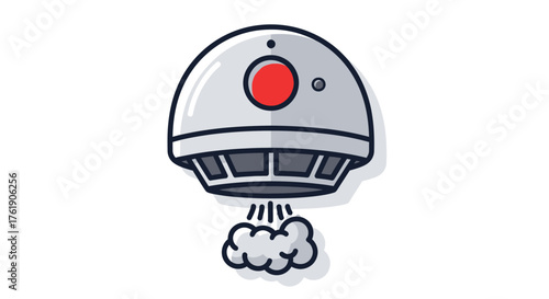 Cartoon Smoke Detector with Red Alert Button and Smoke.