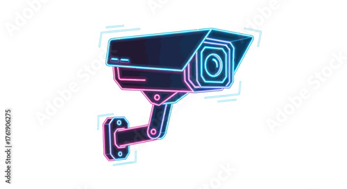 Modern Surveillance Security Camera with Neon Outline.