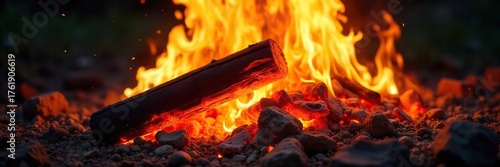Intense Bonfire Flames Close-Up Shot of Glowing Embers and Rising Fire, Perfect for Power, Destruction, or Warmth Concepts