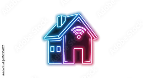 Neon outline of a house with Wi-Fi symbol representing smart home technology.