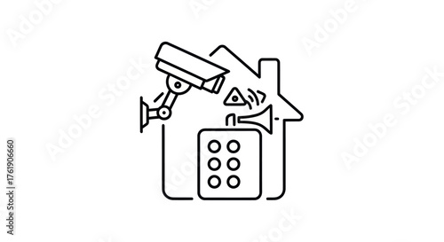 Home security system line art icon with a surveillance camera alarm siren and keypad.