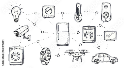 Hand-Drawn Internet of Things Smart Home Device Network Illustration.