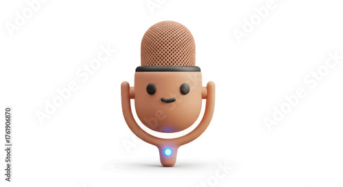 Cute Cartoon Brown Microphone with Smiling Face and Blue Light.