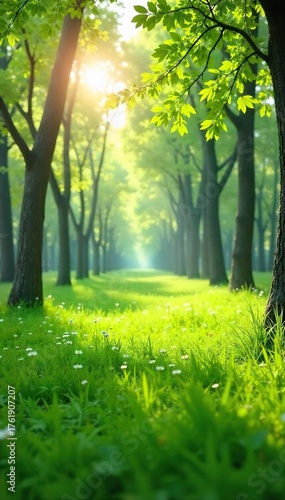 Sunlit Meadow Vibrant Green Landscape with Slender Branches Reaching Skyward, Creating a Tranquil and Idyllic Spring Scene Perfect for Nature and Environmental Themes
