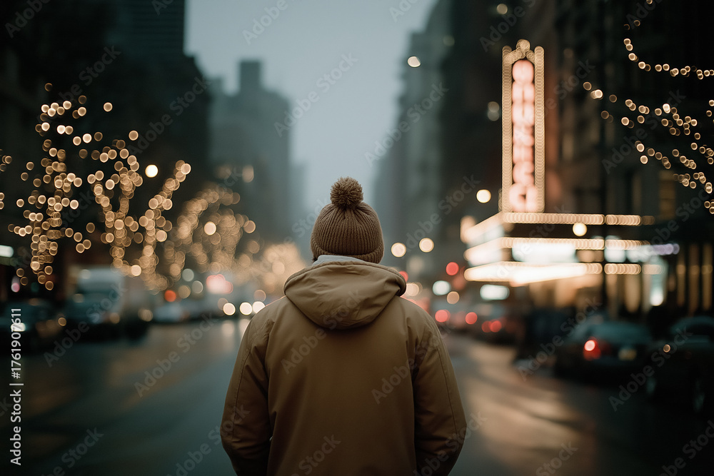 Obraz premium Young man in winter coat stands on urban street with festive lights at dusk