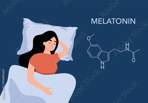 Melatonin promote deep sleep vector. Medicine chemical formula. Sleeping woman in bed character. Melatonin effect concept.
