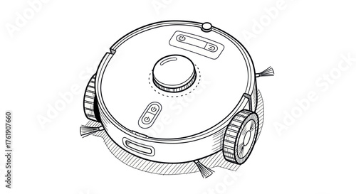 Detailed black and white line art illustration of a modern robotic vacuum cleaner.