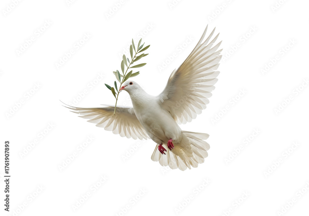 Obraz premium Dove with olive branch PNG isolated on transparent background, symbol of peace and hope for graphic design and religious projects