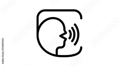 Outline icon of a human head with sound waves emanating.