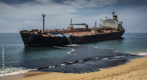 An environmental disaster at sea, an oil tanker crashes and spills onto a sandy beach.