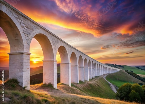 Long Exposure: Serene White Arches on Rolling Hill at Sunset