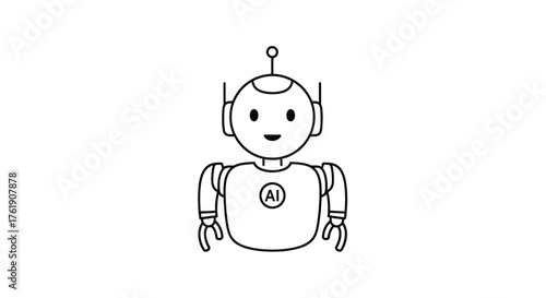 Simple Line Art Illustration of a Cute Robot with AI Symbol.