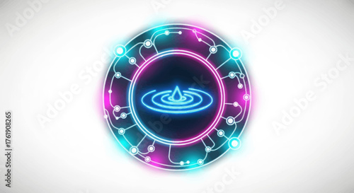 Glowing Neon Circle with Water Drop Symbol Design.