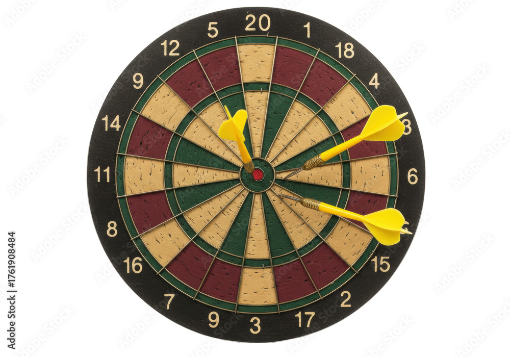 Obraz premium Isolated dartboard with yellow darts, representing precision and achievement in sports