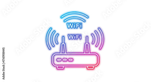 Neon Style WiFi Router with Antennae and Signal Waves.