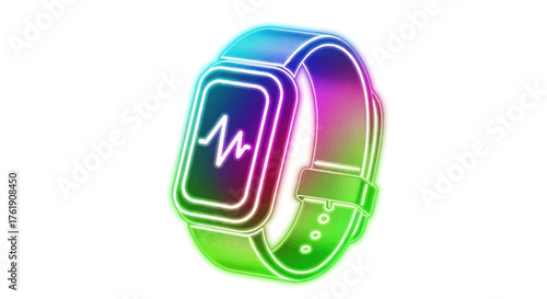 Vibrant glowing rainbow smartwatch displaying a heart rate EKG line on its screen.