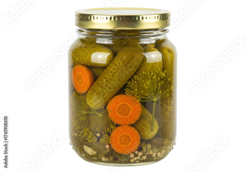 Pickled cucumbers and carrots in a glass jar isolated PNG, homemade fermented vegetables for healthy eating on transparent background