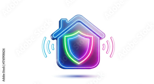 Neon-lit House Icon with Shield Symbolizing Home Security.