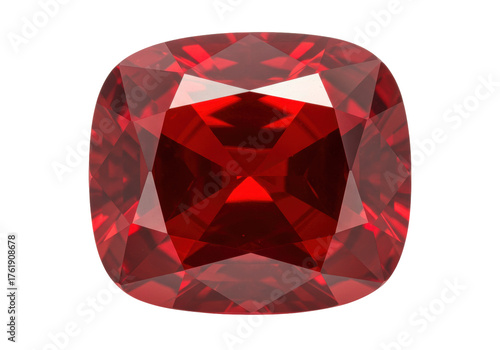Cushion cut red garnet gemstone isolated PNG, faceted jewel stone for jewelry design and luxury accessories on transparent background