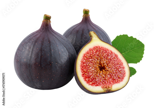 Three ripe figs PNG isolated on transparent background, fresh purple fruit with green leaf and a half cut fig showing the red pulp, healthy food