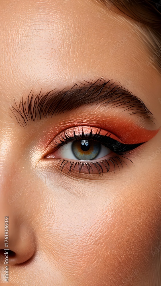 Obraz premium Eye makeup close up with orange eyeshadow and black eyeliner on a fair skinned woman face