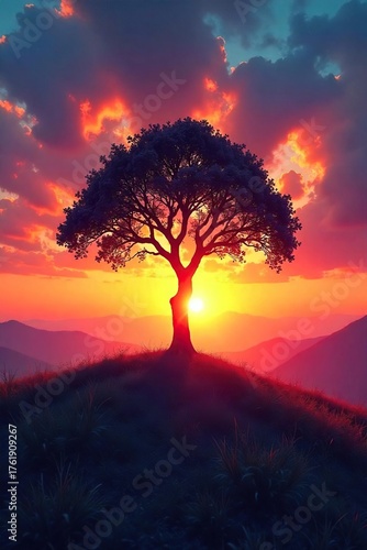 Lone Tree Silhouette at Sunset Spiritual Serenity and Boundless Potential