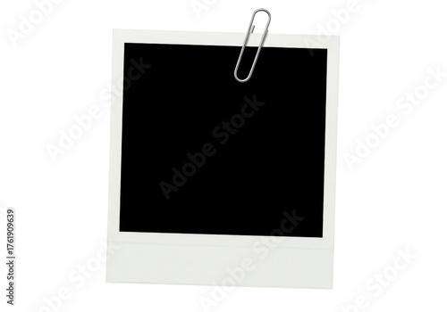 Blank instant photo frame with paper clip isolated PNG, retro style picture template for memories and design use on transparent background