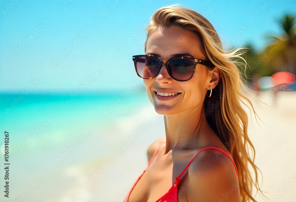 Naklejka premium ​A young woman with blonde hair and sunglasses smiling at a sunny tropical beach, clear turquoise water, blue sky