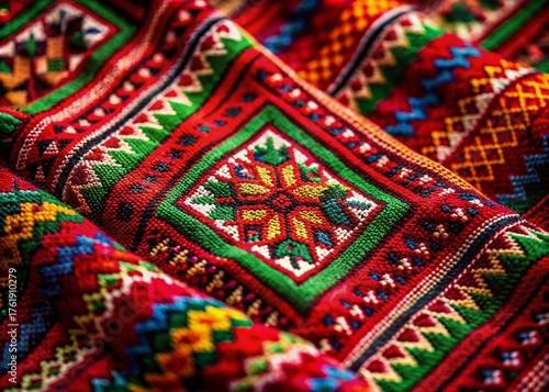 Low Light Bulgarian Shevitsa Pattern 026-5 Textile Detail Stock Photo