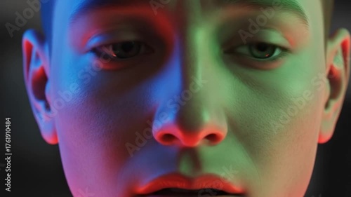 Startled face in eerie RGB glow wide eyes closeup