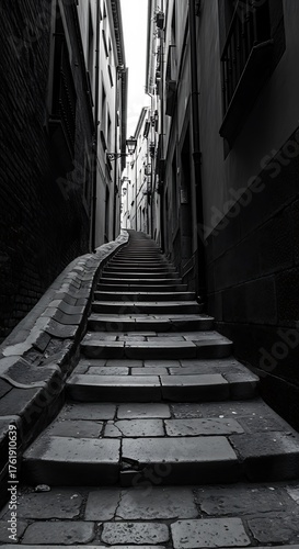 Cobblestone Stairway Down Narrow Alleyway.