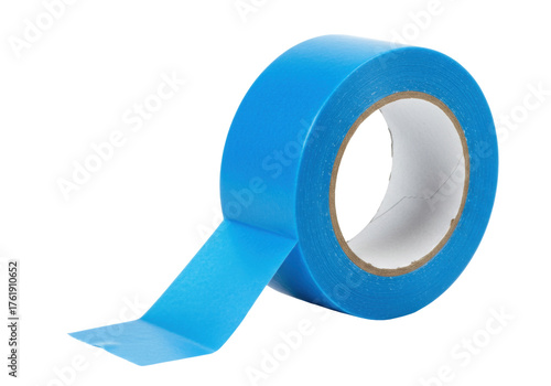 Blue painter s tape roll isolated PNG on transparent background, adhesive masking tape for home improvement and DIY projects