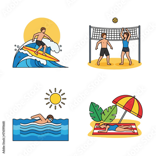 Summer activities: surfing, volleyball, swimming, and sunbathing illustrations.