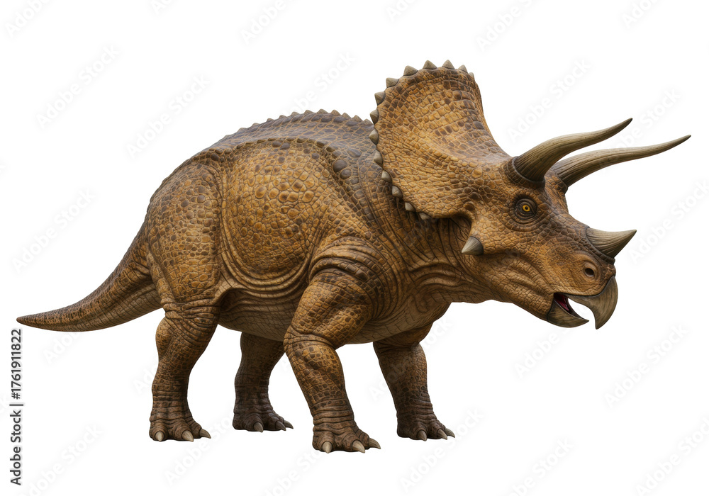 Obraz premium Isolated Triceratops dinosaur from the Cretaceous period in a side view, on no background
