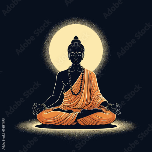 Illustration of a meditating Buddha in the lotus pose against a glowing full moon on a dark background.