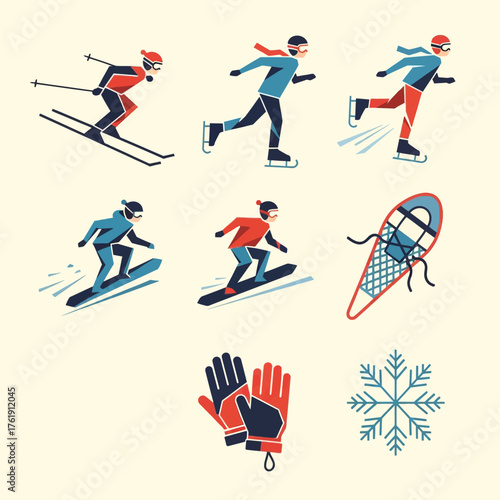 A collection of retro-style vector icons depicting various winter sports and activities.
