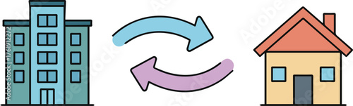 Conceptual illustration of dynamic exchange between office building and residential house, symbolizing daily commutes, work-life balance, and property market transitions