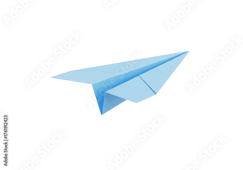 Light blue paper airplane isolated PNG on transparent background, origami toy for travel, freedom and childhood concepts
