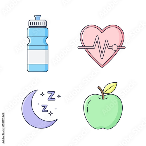 A collection of health and wellness icons, including water bottle, heart, moon, and apple.