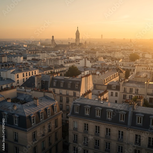 Parisian rooftops bathed in golden sunrise light, Montparnasse Tower in distance.
