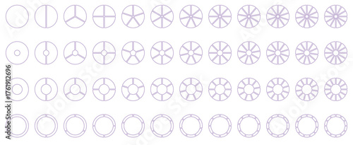 Segmented circles set. Diagram wheel parts. Line art segment slice sign. Circle section graph. Pie chart icon. Round diagram part infographic. Geometric element. Vector illustration