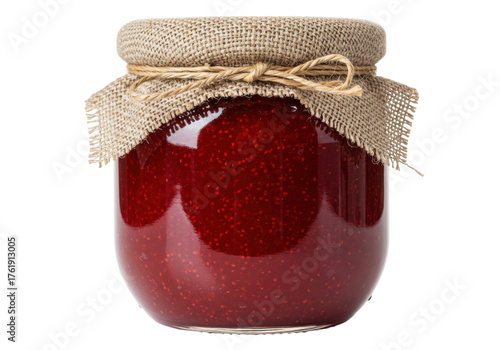 Delicious raspberry jam in glass jar isolated PNG, homemade preserve with burlap cover and twine on transparent background