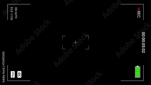 Camera recording screen overlay with black background. Vertical UI, rec camera viewfinder with timer and exposure settings. Camcorder video camera interface display.