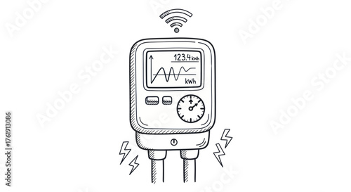 Hand-drawn Smart Energy Meter Icon with Digital Display, Wireless Signal, and Measurement Data.