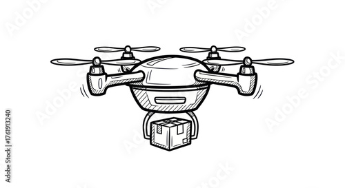 Hand-drawn Quadcopter Drone Delivering Package Illustration.