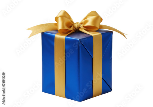 Blue gift box with golden ribbon isolated PNG, present for birthday or Christmas on transparent background